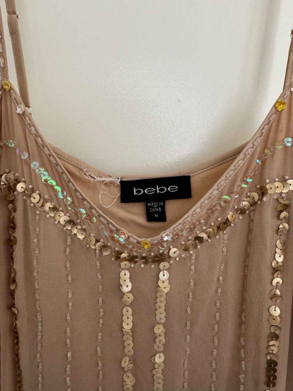 bebe Nude-Beige Sequin Drop Waist Asymmetrical 100% silk Slip Dress - Picture 4 of 6